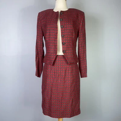 Vintage 80s 90s 2 Piece Suit Christy Girl Checkered Plaid Red Gray Shoulder Pads - Image 1 of 4