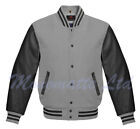 New Premium Letterman Varsity Gray wool & Black Genuine Leather Sleeves Jacket