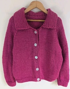 Hand Knitted Girls Cardigan Sweater Magenta Pink Chest 30" Soft Yarn Collar Nice - Picture 1 of 8