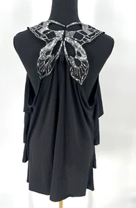 Vintage Womens Y2K Festival Fairy Tiered Top Sz 2X Black Sequin Butterfly Rave - Picture 1 of 9