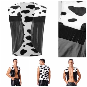 Mens Top West Western Cow Print Carnival Vest Fancy Cowboy Halloween Tassel - Picture 1 of 18