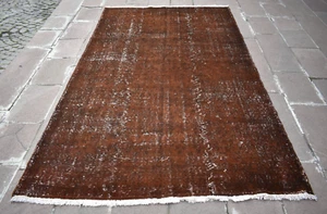 Turkish Brown Rug 66'' x 107'' Vintage Anatolian Over Dyed Rug Painted Area Rug - Picture 1 of 15