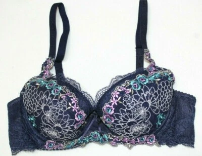 Navy Blue embroidered lace underwire push-up Bra- bow detail - Size 30B - Image 1 of 4