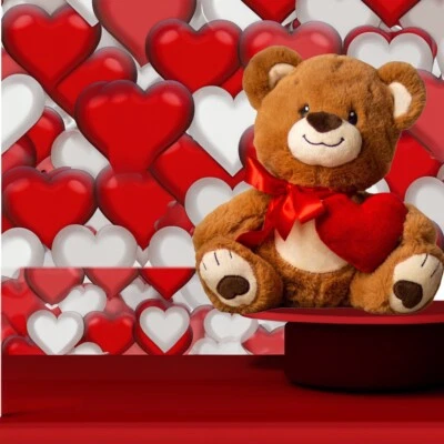 Teddy Bear Stuffed Animal Soft Plush Toy Brown Hold Heart Gift Bow Plushie, 9" - Image 1 of 4