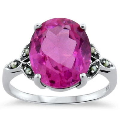 VICTORIAN STYLE 925 STERLING SILVER 7 CT PINK LAB-CREATED SAPPHIRE RING     #237 - Image 1 of 3