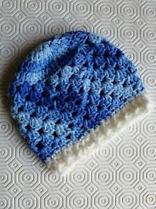 New Handmade Crochet Baby Boy Beenie Cream+Blues DK 0To3 Mths.  L@@K!