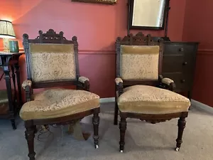 Antique Eastlake Victorian Parlor Chairs Late 19th Century with Casters Set of 2 - Picture 1 of 13
