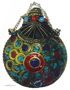 Tibetan Pendant Kohl Snuff Bottle Brass Coral Turquoise Lapis LARGE 6.5 x 5cm - Picture 1 of 15