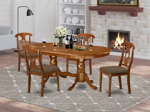 5pc Plainville dining set, pedestal table w/ leaf + 4 padded chairs saddle brown - Picture 1 of 12