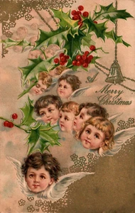 CHRISTMAS POSTCARD Many Cherubs, Red Berries, Bell, Embossed - Picture 1 of 2