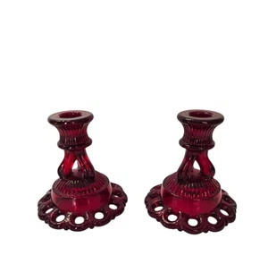 Vintage MCM Paar Westmoreland Rubinrot Dorisch Glas Kerzenhalter Weihnachten - Bild 1 von 9