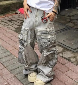 Damen grau weiß Retro gerades Bein Taschen gerades Bein Hose Jeanshose - Bild 1 von 5