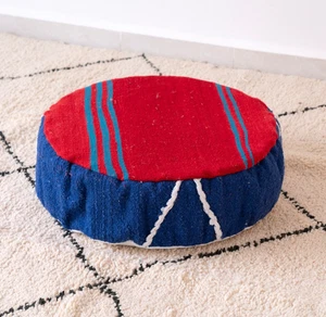 20x20 Moroccan Handmade Pouf Berber Kilim Rug Blue and red Floor Cushion - Picture 1 of 5