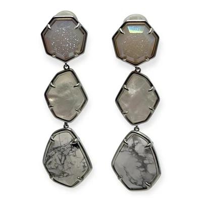 Retired Kendra Scott Nina Linear Stone Earrings White Rodium Clip-On 2.75" 2020 - Image 1 of 4