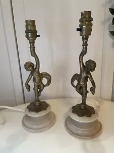 2 Vintage Italian Marble Cherub Lamps Brass Mid Century Country House Pair - Picture 1 of 11