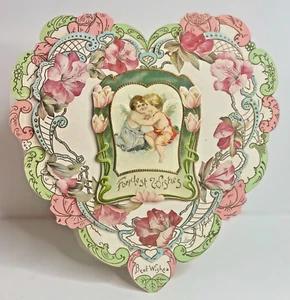 Large Vintage German Valentine Card Heart Stand-up Die Cut Cupid Roses - Picture 1 of 5