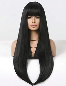 Perruque Synthétique Noir Femme Frange Wig Cheveux Long Lisse Coiffure +4 Bonnet