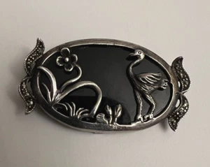 Vintage 925 Sterling Silver Onyx Marcasite Ostrich Flowers Grass Brooch Pin - Picture 1 of 5