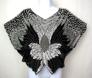 VTG 1980s SHOMAX BLACK SILK SILVER BEADED SEQUINED BUTTERFLY TOP ONE SIZE O/S - Picture 1 of 22