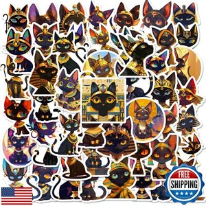 50 Stück alte ägyptische schwarze Katze Aufkleber - süße Goldakzente Pharao und G - Bild 1 von 5