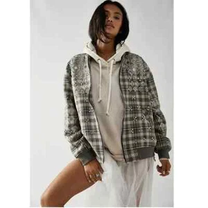 RRP $458 - Free People Louie Embellished Oversize Bomber Jacket, Grey, Medium - Picture 1 of 4