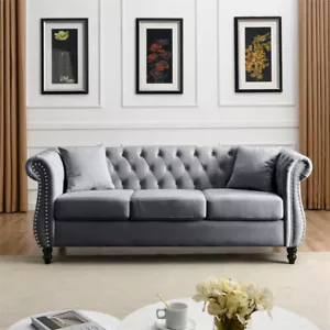 Chesterfield 3 Seater Sofa Grey Velvet Tufted Couch with Rolled Arms & Nailhead - Picture 1 of 18