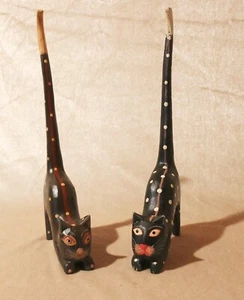 Holz Katze schwarz langer Schwanz Figur Schnitzerei Handarbeit Ringhalter Deko - Bild 1 von 7