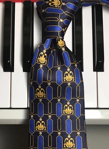ZYLOS by GEORGE MACHADO / Deco Design Tie w/Sapphire Baguettes & Gold Flourishes - Picture 1 of 7