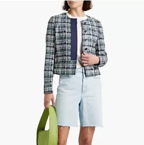 ETRO Jacket Blazer cotton silk woven Tweed Cropped blue sz 48 US 12 New - Picture 1 of 14