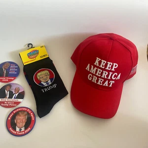 2020 Donald Trump Gift Set Baseball Hat Socks Buttons Keep America Great - Picture 1 of 12