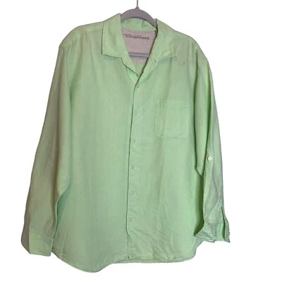 Camisa Caribeña Para Hombres XL Verde Pin Rayas Manga Pestaña Enrollable Mezcla de Lino Vacaciones Foto 1 de 4