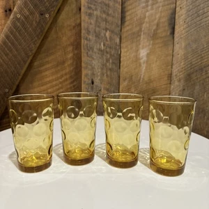 Vintage Hazel Atlas Gold Amber Eldorado Dots Thumbprint Juice 4”Glasses Set Of 4 - Picture 1 of 7