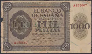 BILLETE ESPAÑA 1000 PESETAS AÑO 1936 BURGOS - SERIE A - Foto 1 di 2