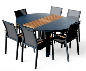 ALEOS. Gartengarnitur Alu TEAK Set Tisch 120-160cm ausziehbar + 6 Stapelstühle - Bild 1 von 8