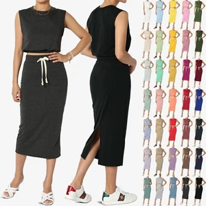 TheMogan S~3X Baby Terry Semi Crop Tank Top & Pencil Calf Midi Skirt 2 PC SET - Picture 1 of 218