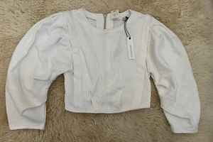 Olivaceous White Crop Sweater Blouse Small Textured Back Zipper Puff Sleeve NWT - Picture 1 of 16