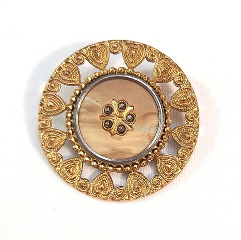 Antique Large 1-1/2" Victorian Gold Gilded Lacy Button Celluloid Center Cover
