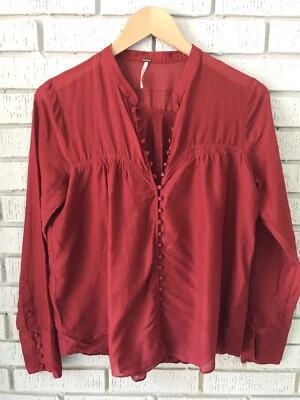 FREE PEOPLE Womens Shirt Red Long Sleeve Popover Lightweight EUC Sz S Peasant - Image 1 of 4