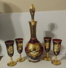 VTG BOHEMIAN ITALY RUBY GLASS w GOLD & HAND PAINTED FLOWERS DECANTER & GLASSES