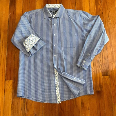 Camisa de vestir Bogari grande azul a cuadros de guinga manga larga floral puño abatible para hombre Foto 1 de 4