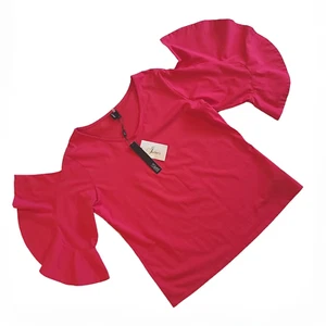 RAVEL L Fuchsia Pink Cotton Spandex Jersey V-Neck Ruffle Sleeve Top NWT - Picture 1 of 7