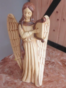 VINTAGE ANGEL WITH HARP STATUE 9" TALL HAND PAINTED RESIN HOLIDAY FIGURINE JAPAN - Picture 1 of 4