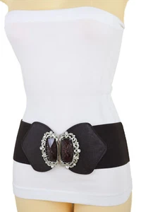 Women Dark Brown Elastic Band Wide Fashion Belt Hip High Waist Silver Buckle S M - Picture 1 of 12