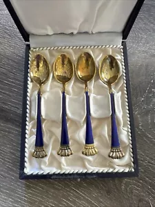 EGON LAURIDSEN of Denmark Set Of 4 STERLING Demitasse Spoons with Colbalt & Gold - Picture 1 of 7