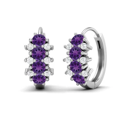 3MM Round Shape Amethyst Gemstone 14k White Gold Huggie Hoop Earrings For Women - Image 1 of 4