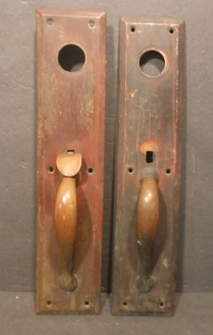 Two Vintage Solid Brass Door Handle Door With Door Plate & One Thumb Lever Cover