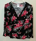 Fashion Bug Womens Top Black With Red & White Flowers V Neck 3/4 Sleeve Medium