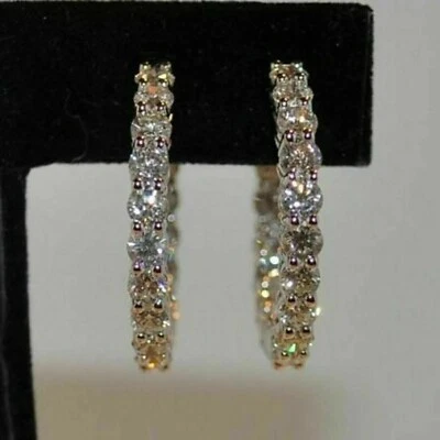 Real Moissanite 2.00 Ct Round Cut Huggie Hoop Earrings 14K White Gold Plated - Image 1 of 4