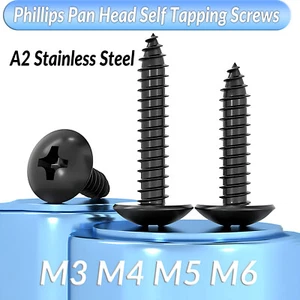 Black A2 Stainless Steel Phillips (Pozi-Pili) Pan Head Self Tapping Screws M3-M6 - Picture 1 of 58