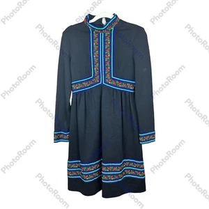 Vintage Domino Kleid Damen 10 schwarz Blumen A-Linie Stehkragen 60er Mod Goth Union - Bild 1 von 4